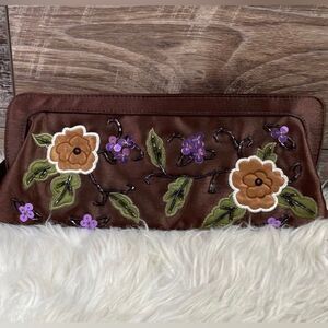 Floral Beaded and Embroidered Satin Clutch Purse, Brown Earth Tones